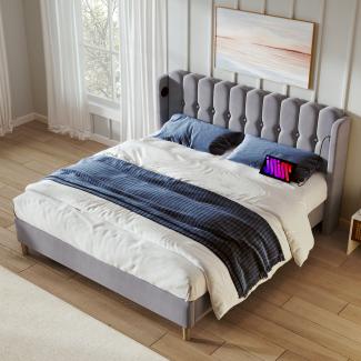 Merax Polsterbett Einzelbett mit USB Typ C Ladefunktion, Gepolstertes bett in Grau, 140 x 200 cm Bettrahmen - Leinen