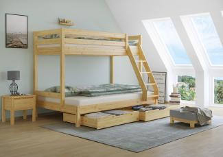 Doppel-Etagenbett 120x200 und 80x200 Erwachsenen-Stockbett Kiefer Massivholz natur V-60.18-08-12Rollrost und Doppelbettkasten inkl.