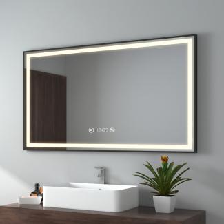 EMKE Badspiegel mit Beleuchtung, Schwarzer Rand LED, mit Touch, Antibeschlage, Uhr, Temperatur, Dimmbar, Memory-Funktion, Neutrale Beleuchtung, IP44, 120x70cm