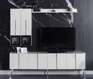 Casa Padrino Luxus Art Deco TV Schrank Weiß / Schwarz / Silber 208 x 44 x H. 64 cm - Edler Wohnzimmer Fernsehschrank mit 4 Türen - Art Deco Möbel