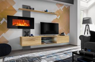 Wohnwand Flame E mit Elektro-Kamin in Flagstaff Eiche und Anthracite 250 x 170 x 40