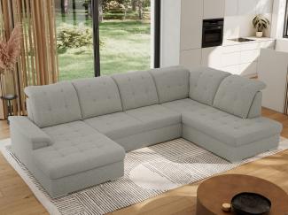 Ecksofa, Wohnzimmer U Couch, Polstersofa mit Bettkasten - MADRITO U - Hellgrau Boucle - Rechts