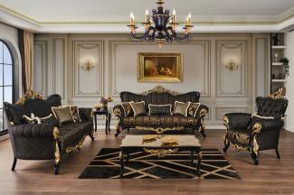 Casa Padrino Luxus Barock Wohnzimmer Set Braun / Schwarz / Gold - 2 Sofas & 2 Sessel & 1 Couchtisch & 2 Beistelltische - Wohnzimmer Möbel im Barockstil - Edel & Prunkvoll