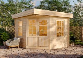 Alpholz 5-Eck Gartenhaus Modell Monica-28 mit Flachdach Gartenhaus aus Holz Holzhaus mit 28 mm Wandstärke Blockbohlenhaus mit Montagematerial