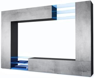 Vladon Wohnwand Mirage, Anbauwand mit Rückwand mit 2 Türen, 2 Klappen und 6 offenen Glasablagen, Schwarz matt/Beton Oxid-Optik, inkl. LED-Beleuchtung (262 x 183 x 39 cm)