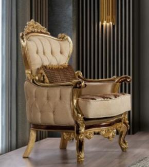 Casa Padrino Luxus Barock Sessel Beige / Braun / Gold - Prunkvoller Wohnzimmer Sessel mit Muster - Barock Wohnzimmer Möbel