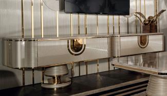 Casa Padrino Luxus TV Schrank Grau / Gold 250 x 52 x H. 50 cm - Massivholz Sideboard mit edler Kunstmarmor Platte - Wohnzimmer Möbel - Luxus Möbel - Luxus Einrichtung