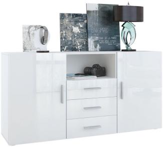 Vladon Sideboard Skadu, Kommode mit 2 Türen, 3 Schubladen und 1 offenem Fach, Weiß matt/Weiß Hochglanz (138,5 x 71,5 x 35 cm)