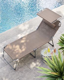 Große Sonnenliege, klappbarer Liegestuhl, 200 x 71 x 38 cm, Belastbarkeit 150 kg, mit Sonnenschutz, Kopfstütze und Verstellbarer Rückenlehne, für Garten Pool Terrasse, Taupe GCB022K01