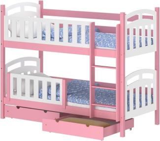 WNM Group Hochbett mit Rausfallschutz und 2 Schubladen Suzie - aus Massivholz - Kinderbett für Mädchen und Jungen - Absturzsicherung Kinderhochbetten 180x80 cm - Rosa