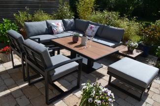 HPL Teak Gartenecklounge Beltona + 150x90 cm Lift Tisch höhenverstellbar + 2 Lounge Sessel + 1 Hocker