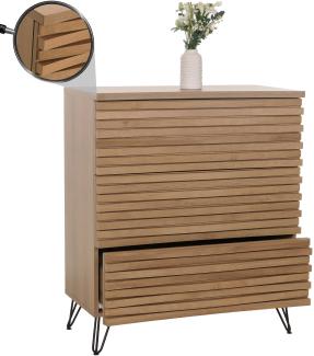 Kommode HWC-M49, Sideboard Schrank Highboard, 3D-Design 3 Schubladen Massiv-Holz Mango Metall 94x80x45cm ~ natur
