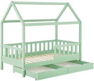 Juskys Kinderbett Marli 80 x 160 cm mit Bettkasten 2-teilig, Rausfallschutz, Lattenrost & Dach - Massivholz Hausbett für Kinder - Bett in Mint