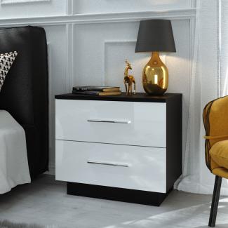 Domando Nachttisch San Leo Modern für Schlafzimmer Breite 55cm, LED Beleuchtung in Weiß, verchromte Griffe in Schwarz Matt und Weiß Hochglanz