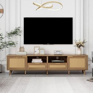 Merax Lowboard Holz mit 2 Schubladen und 2 Türen, Fernsehtisch mit Rattangeflecht Design, TV-Board