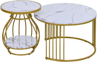 Merax CouchTisch, Couchtisch 2er Set Rund Tisch Wohnzimmer Rund mit Metallgestell Beistelltisch Weiss Modern Satztische fürs Wohnzimmer, Weiß Gold Marmor Optik