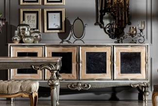 Casa Padrino Luxus Barock Sideboard mit 4 Türen Naturfarben / Schwarz / Silber - Edler Massivholz Schrank im Barockstil - Barock Möbel