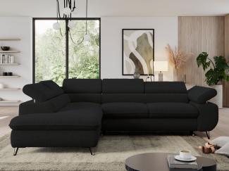 Ecksofa mit Bettfunktion, Modern Sofa, L-form, Einstellbare Kopfstützen, Bettkasten, PEDRO, 1x Ecksofa, 1x Topper, Schwarz, Boucle, links