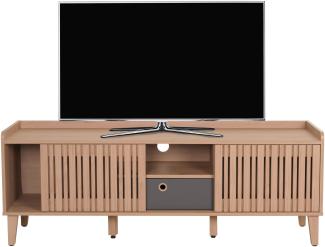 TV-Rack HWC-M48, Lowboard TV-Schrank, Schiebetür Mango-Massivholz 56x150x40cm ~ beige, Schublade grau