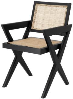 Casa Padrino Luxus Esszimmerstuhl Schwarz / Naturfarben 53 x 57 x H. 84,5 cm - Massivholz Stuhl mit Armlehnen und handgewebtem Rattangeflecht - Luxus Esszimmer Möbel