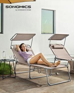 Große Sonnenliege, klappbarer Liegestuhl, 200 x 71 x 38 cm, Belastbarkeit 150 kg, mit Sonnenschutz, Kopfstütze und Verstellbarer Rückenlehne, für Garten Pool Terrasse, Taupe GCB022K01