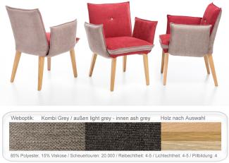 4x Sessel Gerit 1 Rücken mit Knopf Polstersessel Esszimmer Massivholz Eiche natur lackiert, Kombi Fleckless Grey