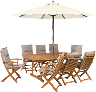 Gartenset Akazienholz hellbraun 8-Sitzer Auflagen grau-beige Sonnenschirm MAUI
