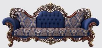Casa Padrino Luxus Barock Sofa Blau / Dunkelbraun / Gold 270 x 100 x H. 122 cm - Prunkvolles Wohnzimmer Sofa mit elegantem Muster - Möbel im Barockstil