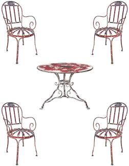 Casa Padrino Jugendstil Schmiedeeisen Gartenmöbel Set Antik Rot / Weiß - 1 Garten Tisch & & 4 Garten Stühle mit Armlehnen - Barock & Jugendstil Gastronomie & Garten Möbel