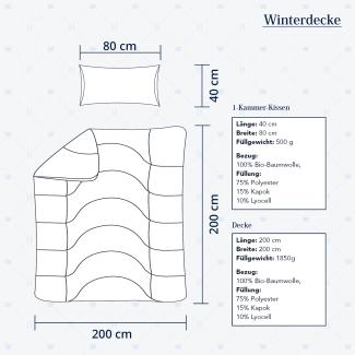 Heidelberger Bettwaren Bettdecke 200x200 cm mit Kissen 80x40 cm, Made in Germany | Winterdecke, Schlafdecke, Steppbett mit Kapok-Füllung | atmungsaktiv, hypoallergen, vegan | Serie Kanada