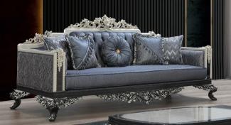 Casa Padrino Luxus Barock Sofa Blau / Grau / Weiß / Schwarz / Silber - Prunkvolles Wohnzimmer Sofa mit elegantem Muster - Barock Wohnzimmer & Hotel Möbel - Edel & Prunkvoll