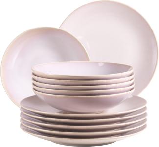 Mäser 931553 Ossia Teller-Set für 6 Personen im mediterranen Vintage-Look, modernes Tafelservice mit Suppentellern und Speisetellern, Porzellan, rosa, 12-teilig (1 Set)