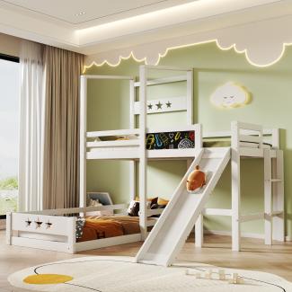 Merax Kinderbett Etagenbett mit Tafel und Rutsche,Hochbett mit Leiter 90x200 cm Einzelbett mit Rausfallschutz, Holzbett für Kinder 2x Lattenrost- Weiß