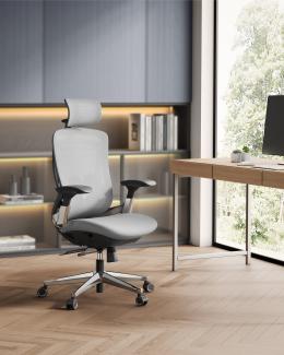 SONGMICS Bürostuhl, Schreibtischstuhl, ergonomisch und verstellbar, neigbare Rückenlehne, nach vorne oder hinten verstellbarer Sitz, Aluminiumlegierung, bis 150 kg belastbar, grau NBO068B01