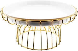 Servierplatte Dekoration Platte Rundförmig mit Ständer in Gold und ein passendes Teller in Weiß