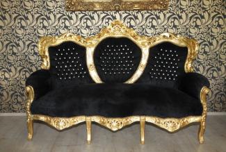 Casa Padrino Barock 3er Sofa "King" Schwarz/Gold mit Bling Bling Glitzersteinen Möbel