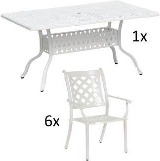 Inko 7-teilige Sitzgruppe Alu-Guss weiß Tisch 120x80x74 cm cm mit 6 Sesseln Tisch 120x80 cm mit 6x Sessel Duke