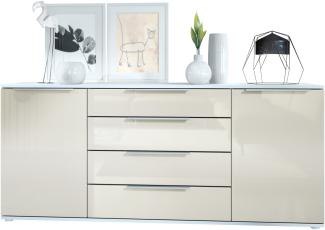 Vladon Sideboard Linio V2 166,5 x 72,5 x 35 cm Anrichte mit 2 Türen und 4 Schubladen, Korpus in Weiß matt, Fronten in Creme Hochglanz