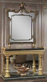 Casa Padrino Luxus Barock Möbel Set Konsole mit Spiegel Schwarz / Grün / Gold - Prunkvoller handgeschnitzter Konsolentisch mit elegantem Wandspiegel - Barock Schloss & Hotel Möbel - Luxus Qualität