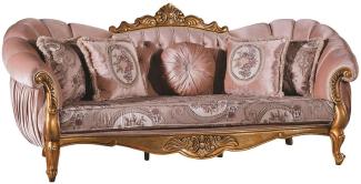 Casa Padrino Luxus Barock Sofa Rosa / Gold 220 x 90 x H. 110 cm - Prunkvolles Wohnzimmer Sofa mit Glitzersteinen und dekorativen Kissen