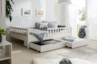Bodenbett Einzelbett "Mio" 140x200 Kiefer Massiv - weiß / 90 cm Schubkasten-Set