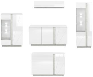 Wohnzimmer-Set "Lumens" Wohnwand 5-teilig beton lichtgrau MDF weiß Hochglanz