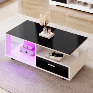 Merax Couchtisch mit Schubladen, Wohnzimmertisch, Beistelltisch mit hochglänzender Tischplatte, LED per APP, Schwarz und Weiß