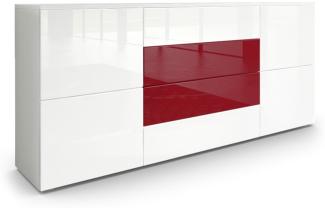 Vladon Sideboard Rova, Kommode mit 4 Türen und 4 Schubladen, Weiß matt/Weiß Hochglanz/Bordeaux Hochglanz (166 x 72 x 35 cm)