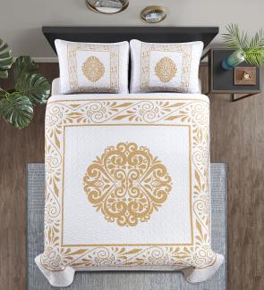 3-Teilig Tagesdecke für Bett 220x240cm Doppelbettüberwurf mit Kissenbezug 50x70cm Weiß-Gold