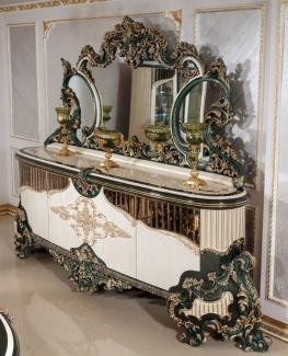 Casa Padrino Luxus Barock Möbel Set Weiß / Grün / Gold - 1 Barock Sideboard mit 4 Türen & 1 Barock Wandspiegel - Barock Möbel - Edel & Prunkvoll