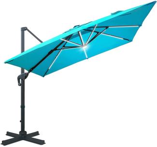 Sonnenschirm 3x3 m inkl. LED 360° drehbar Gartenschirm Blau Marktschirm Kurbelschirm Balkonschirm 300x300 CMM Terrassenschirm Strandschirm