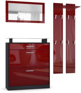 Vladon Garderobe Loret mini, Garderobenset bestehend aus 1 Schuhschrank, 1 Wandspiegel und 2 Garderobenpaneele, Schwarz matt/Bordeaux Hochglanz