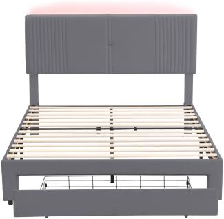 Merax Polsterbett 160 x 200 cm, Doppelbett mit Lichtleiste und USB-Buchse, großer Schublade, Doppelbett in Samtstoff, für Erwachsene, Grau