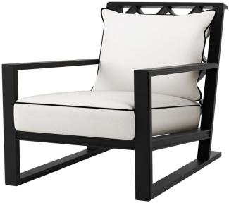 Casa Padrino Luxus Sessel mit Kissen Mattschwarz / Weiß 70 x 88 x H. 78 cm - Sessel aus hochwertigen strapazierbarem Aluminium - Wohnzimmermöbel - Gartenmöbel - Gastronomie Möbel